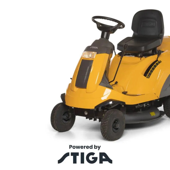 Vista frontal del mirider STIGA Combi 372 con recogedor 